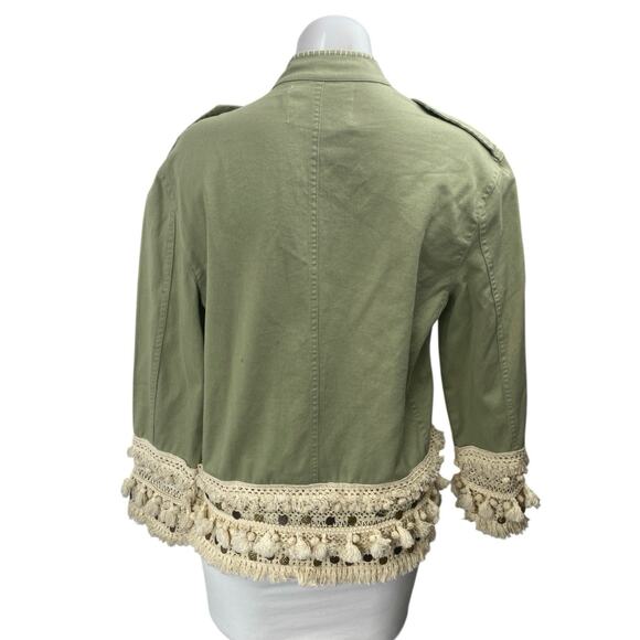 Zara Green Crochet Fringe Trim Button Front Pockets Long Sleeve Jacket Size XS - Picture 2 of 3